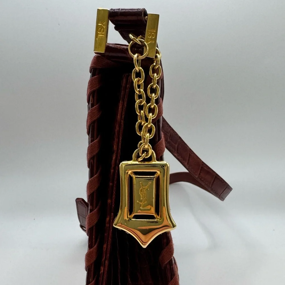 YSL Croc Embossed Whipstitch Baguette Shoulder Bag Cognac Gold Hardware - Picture 2 of 12